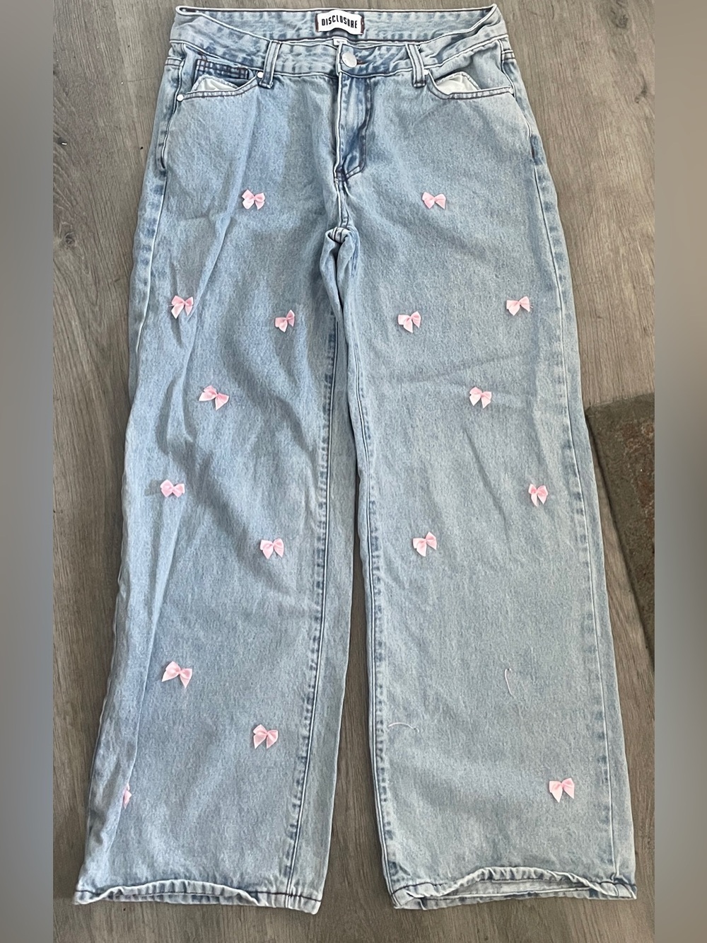 BISCLOSURE Light Blue Wide-Leg Jeans Pink Bow Accents Casual Comfy 9/29